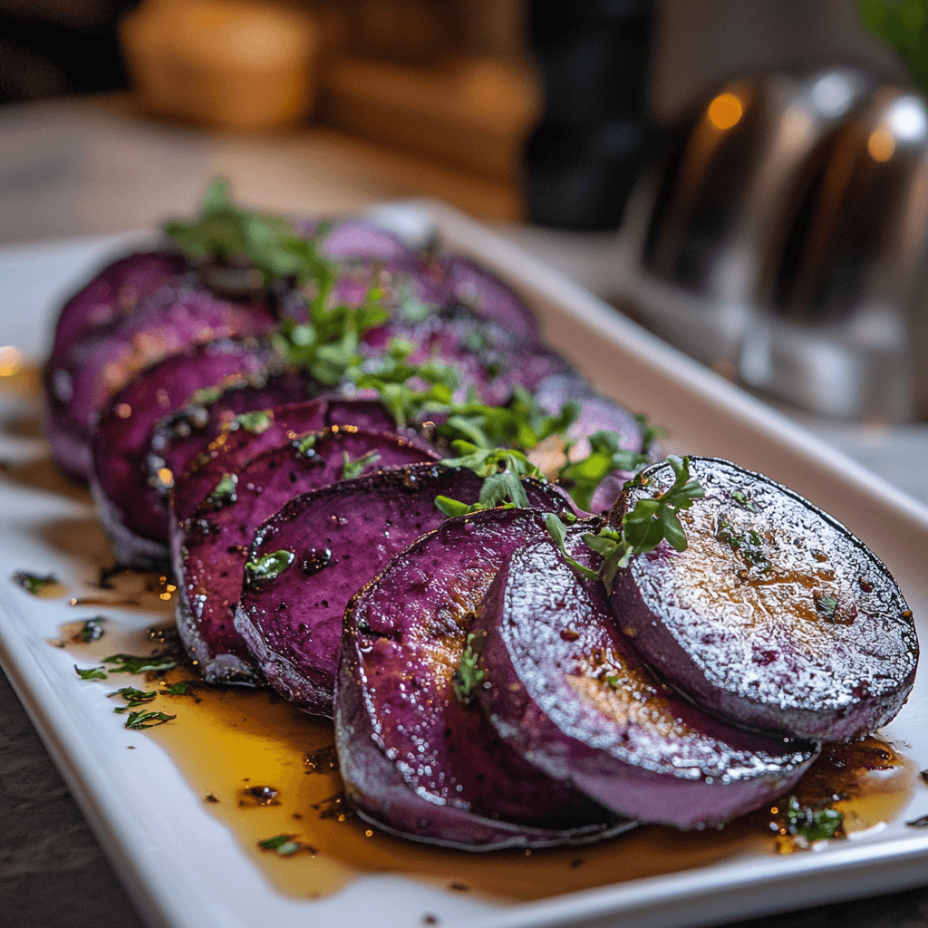 Baked purple sweet potatoes sliced and served in a modern kitchen, with caramelized edges, vibrant color, and garnished with fresh herbs and olive oil.