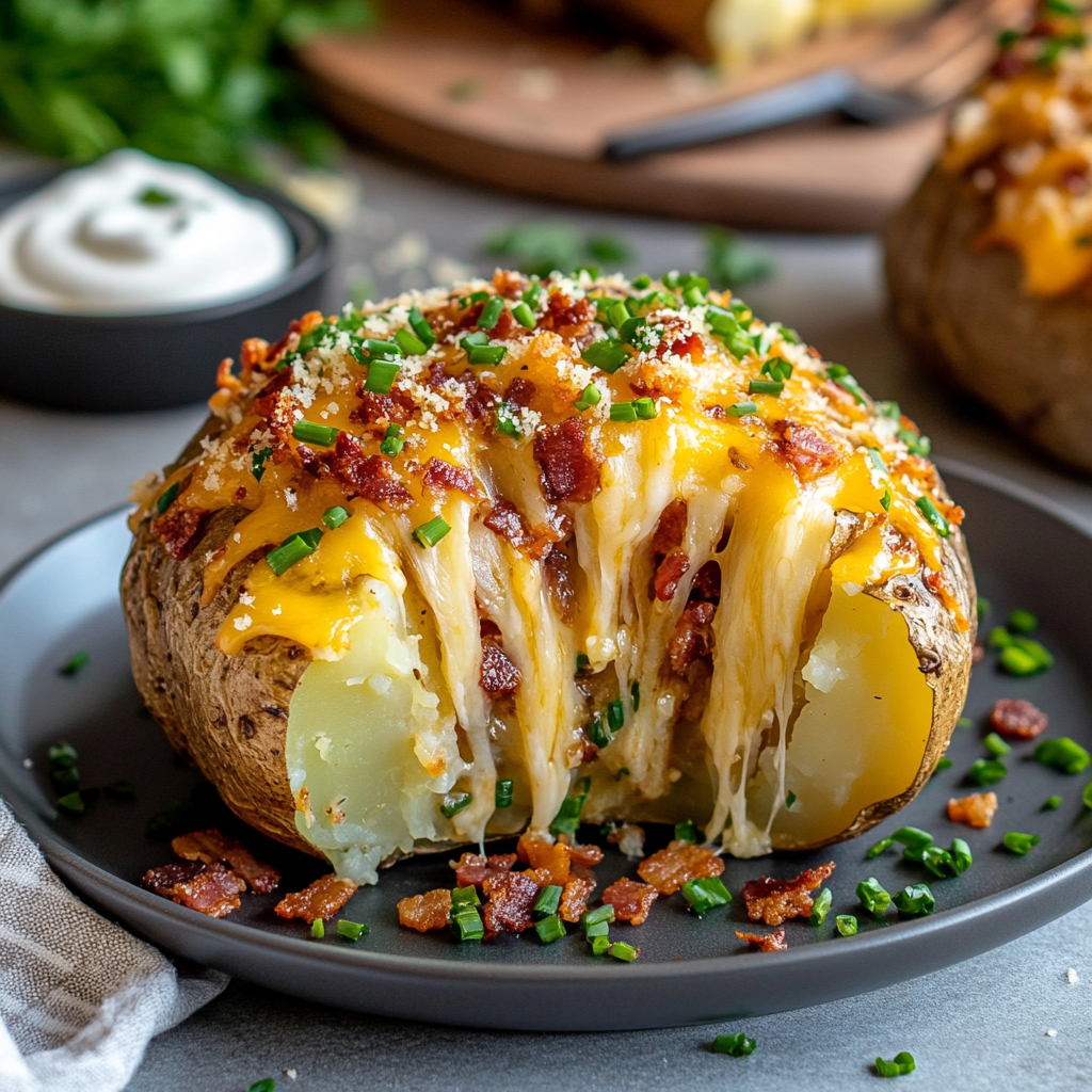 Cheesy oven-baked stuffed potato with crispy skin, overflowing with melted cheese, crispy bacon bits, and garnished with fresh chives, set on a rustic wooden table with soft natural lighting.
