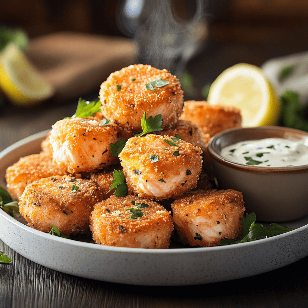A plate of crispy golden-brown salmon bites on a rustic wooden table, garnished with fresh herbs and lemon wedges, accompanied by a small bowl of creamy dipping sauce. The bites are bite-sized, with a crunchy exterior, arranged neatly for a cozy and inviting party setting.