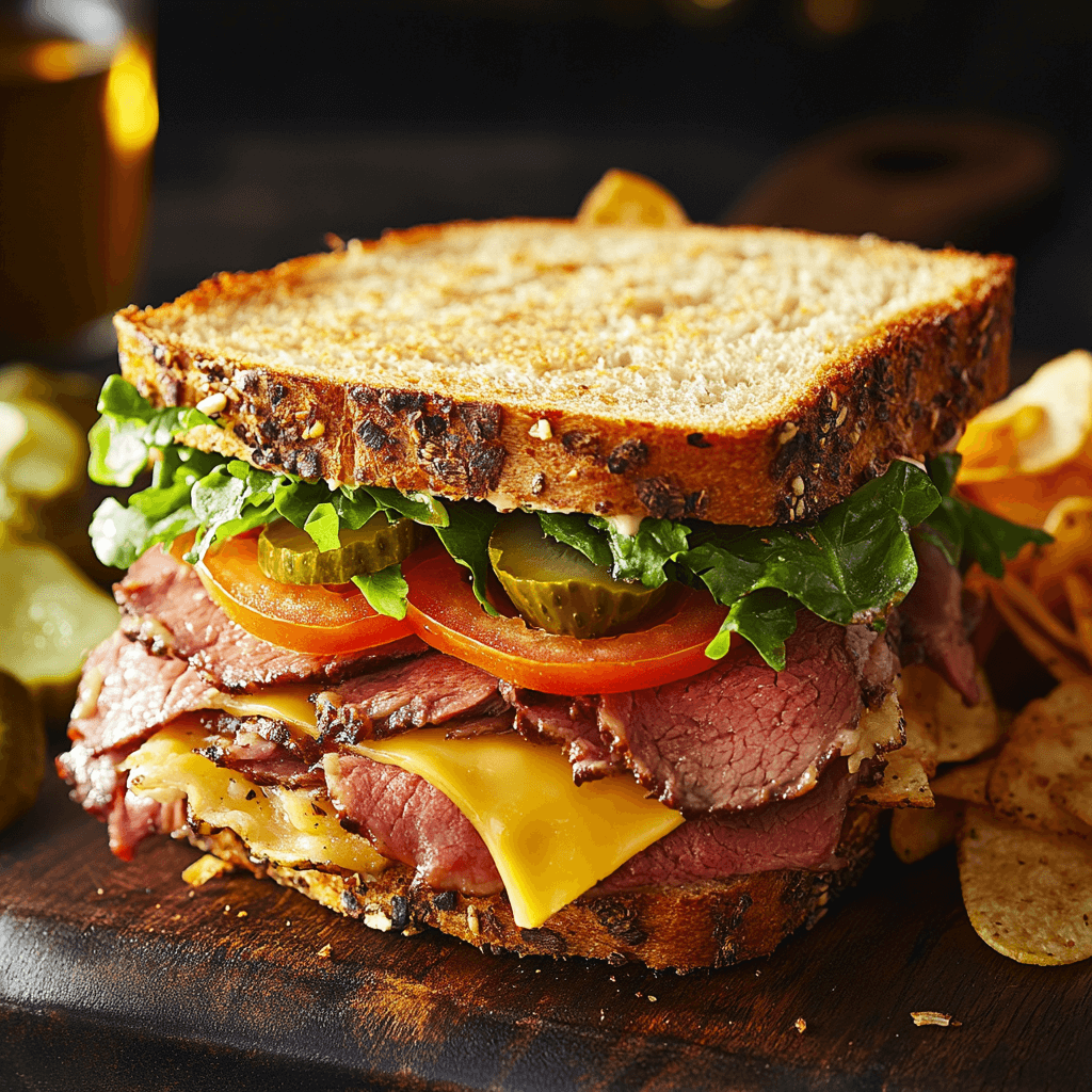 A beef and cheese deli sandwich with layers of tender roast beef, melted cheese, fresh lettuce, and tomato slices on golden crusty bread, served on a wooden cutting board with a side of potato chips and a pickle spear.