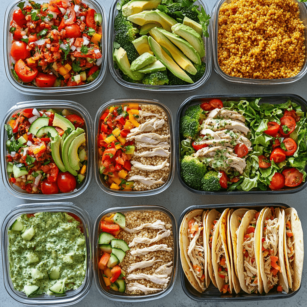 A vibrant display of leftover rotisserie chicken recipes arranged for meal prep, featuring shredded chicken in quinoa and roasted veggie bowls, tacos with salsa verde and avocado, creamy pasta with broccoli, and a fresh salad with greens, cherry tomatoes, and cucumber. Organized in clear meal prep containers on a clean kitchen counter, highlighting freshness and convenience.